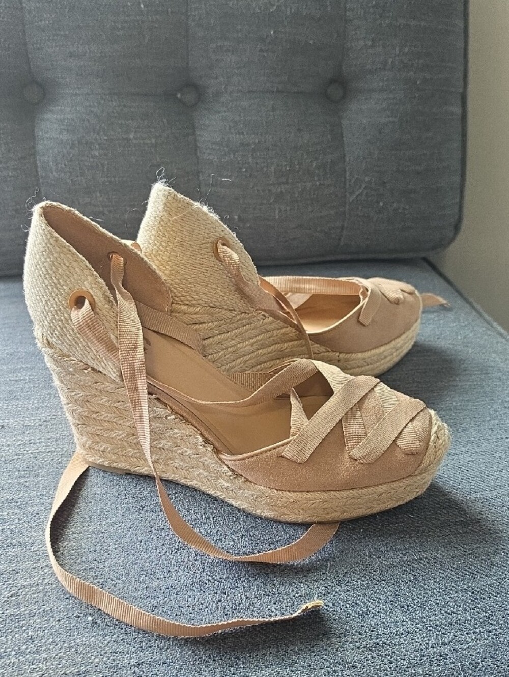 INC International Concepts Tan Espadrille Wedge Sandals with Ankle Wraps